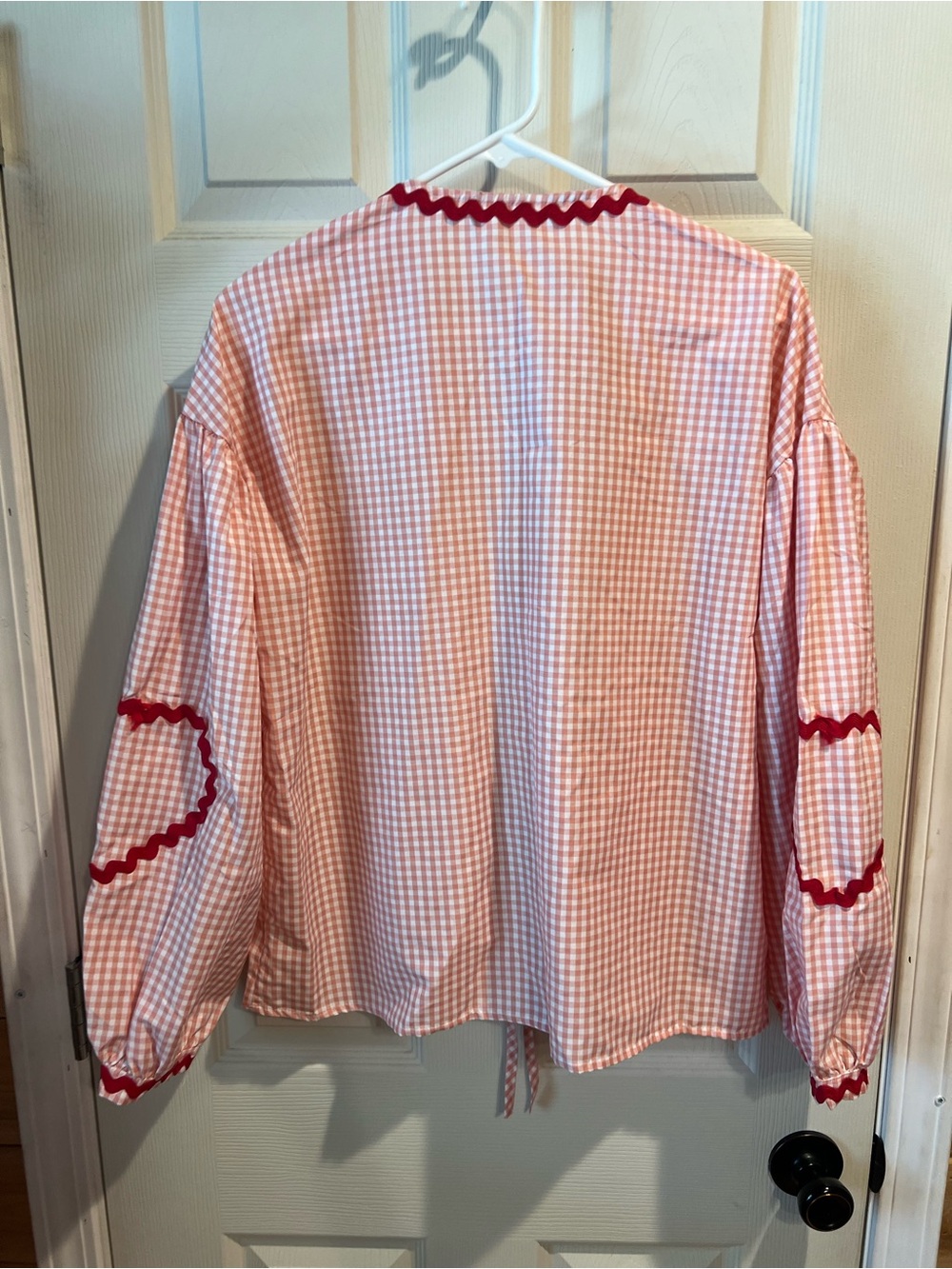 Amazon Pink Gingham Tie-Front Jacket with Red Ric Rac Trim - Picture 2 of 3